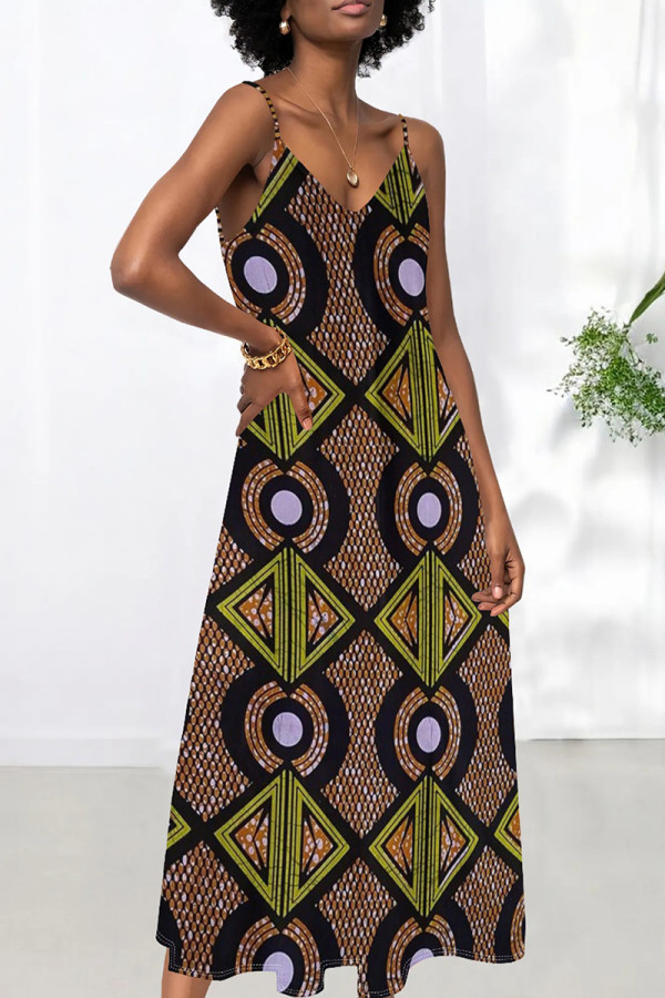 Green Brown Sexy Print Patchwork Backless Spaghetti Strap Sling Dresses
