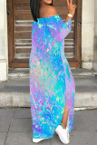 Multicolor Sexy Street Colorblock Print Slit Contrast Off Shoulder Printed Dresses