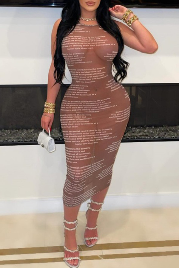 Brown Sexy Letters Patchwork See-Through O Neck Wrapped Skirt Dresses