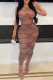 Brown Sexy Letters Patchwork See-Through O Neck Wrapped Skirt Dresses
