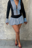 Pink Casual Patchwork Cross Straps Ruched Contrast Turndown Collar Long Sleeve Two Pieces