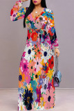 Pink Purple Elegant Flowers Print Lace Up Contrast V Neck Printed Dresses
