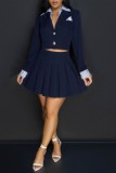 Deep Blue Casual Patchwork Buttons Turndown Collar Long Sleeve Two Pieces