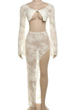 Apricot Sexy Solid Color Patchwork See-Through High Slit O Neck Long Sleeve Two Pieces