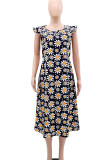 Multicolor Elegant Print Patchwork Strap Design O Neck Long Dresses