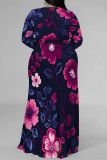 Purple Elegant Flowers Print Lace Up Slit Contrast V Neck Printed Plus Size Dresses