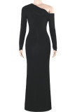 Grey Elegant Solid Color Patchwork Oblique Collar Long Dresses