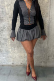 Pink Casual Patchwork Cross Straps Ruched Contrast Turndown Collar Long Sleeve Two Pieces