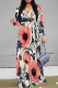Apricot Pink Elegant Flowers Print Lace Up Contrast V Neck Printed Dresses