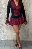 Pink Casual Patchwork Cross Straps Ruched Contrast Turndown Collar Long Sleeve Two Pieces