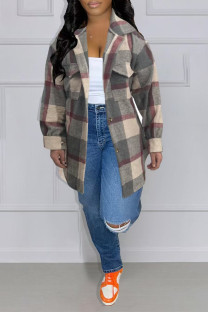Dark Gray Casual Plaid Pocket Gross Turndown Collar Tops