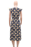 Multicolor Elegant Print Patchwork Strap Design O Neck Long Dresses