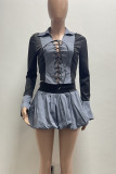 Pink Casual Patchwork Cross Straps Ruched Contrast Turndown Collar Long Sleeve Two Pieces