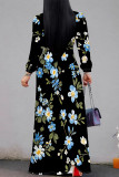 Pink Purple Elegant Flowers Print Lace Up Contrast V Neck Printed Dresses