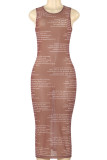 Brown Sexy Letters Patchwork See-Through O Neck Wrapped Skirt Dresses