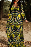 Blue Elegant Print Patchwork O Neck Long Dresses