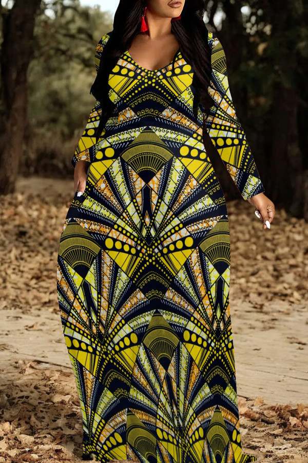 Green Yellow Elegant Print Patchwork O Neck Long Dresses