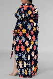 Purple Elegant Flowers Print Lace Up Slit Contrast V Neck Printed Plus Size Dresses