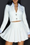 Deep Blue Casual Patchwork Buttons Turndown Collar Long Sleeve Two Pieces