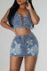 Blue Street Pocket Buttons Patchwork Cross Straps Zipper U Neck Sleeveless Two Pieces