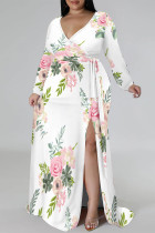 White Elegant Floral Print Lace Up Slit Contrast V Neck Printed Plus Size Dresses