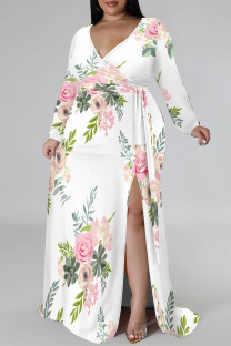 White Elegant Floral Print Lace Up Slit Contrast V Neck Printed Plus Size Dresses