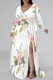 White Elegant Floral Print Lace Up Slit Contrast V Neck Printed Plus Size Dresses