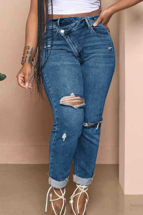 Dark Blue Street Solid Color Ripped Buttons Patchwork Zipper High Waist Regular Denim Jeans
