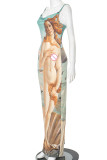 Colour Elegant Print Patchwork Backless Slit Spaghetti Strap Sling Dresses