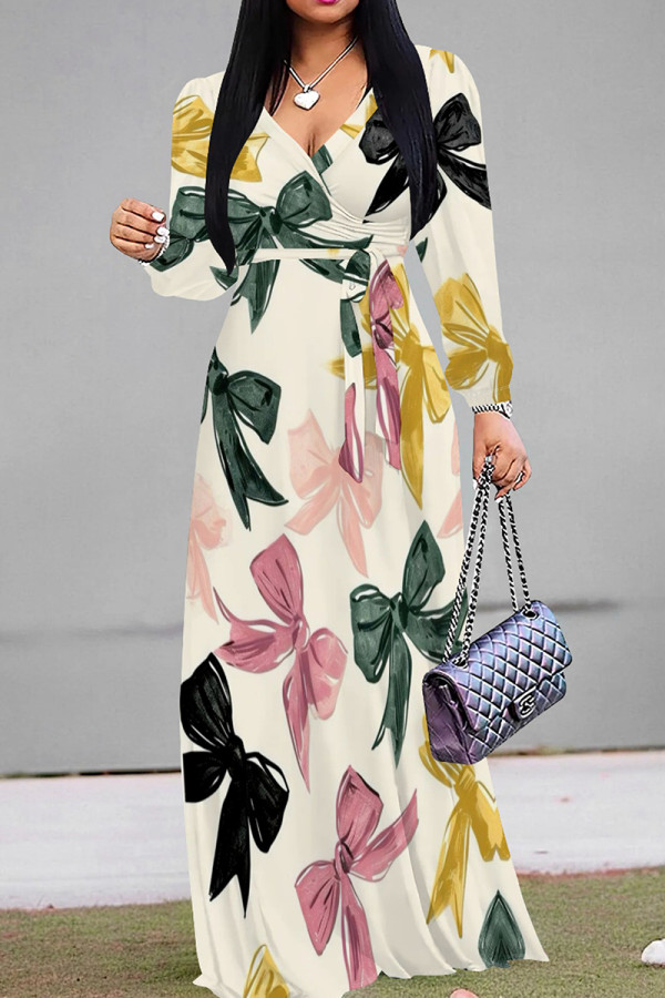 Green Elegant Print Patchwork Strap Design V Neck Long Dresses