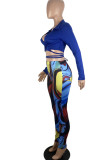 Blue Casual Print Patchwork Cross Straps V Neck Long Sleeve Two Pieces