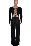 Black Casual Solid Color Patchwork Backless Cross Straps Ruched V Neck Long Sleeve Two Pieces