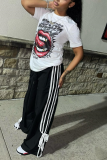 White Casual Street Lips Print Letters O Neck T-Shirts