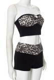 Black Sexy Leopard Print Hollow Out Patchwork Backless Strapless Sleeveless Two Pieces