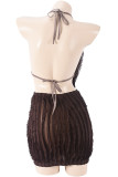 Brown Sexy Solid Color Patchwork Backless Strap Design Halter Sleeveless Two Pieces