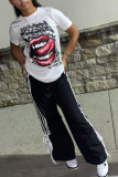 White Casual Street Lips Print Letters O Neck T-Shirts