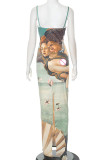 Colour Elegant Print Patchwork Backless Slit Spaghetti Strap Sling Dresses