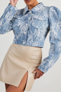 Light Blue Street Lace Pocket Buckle Patchwork Turndown Collar Long Sleeve Straight Denim Jacket