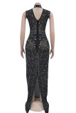 Black Sexy Patchwork Backless Slit Hot Drill Zipper Mandarin Collar Long Dresses