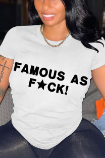 White Casual Letter Print O Neck T-Shirts