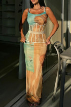 Colour Elegant Print Patchwork Backless Slit Spaghetti Strap Sling Dresses