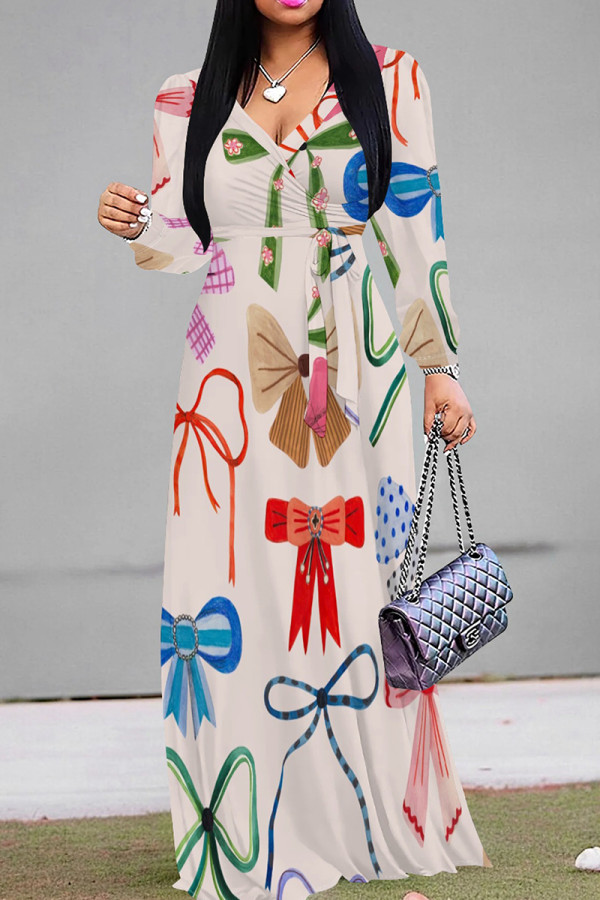 Colour Elegant Print Patchwork Strap Design V Neck Long Dresses