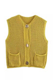 Lemon Yellow Sexy Solid Color Buckle Patchwork O Neck Tops