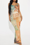 Colour Elegant Print Patchwork Backless Slit Spaghetti Strap Sling Dresses