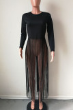 Orange Casual Solid Color Fringed Trim Patchwork O Neck Tops