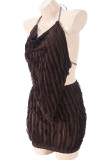 Brown Sexy Solid Color Patchwork Backless Strap Design Halter Sleeveless Two Pieces