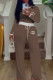 Khaki Casual Daily Letter Print Draw String Contrast O Neck Long Sleeve Two Pieces