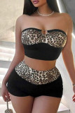 Black Sexy Leopard Print Hollow Out Patchwork Backless Strapless Sleeveless Two Pieces