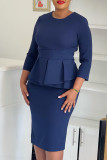 Deep Blue Elegant Solid Color Patchwork Zipper O Neck Wrapped Skirt Dresses