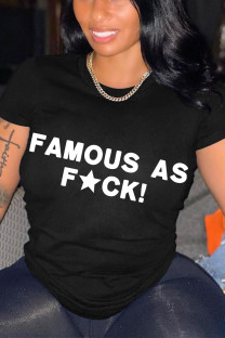 Black Casual Letter Print O Neck T-Shirts